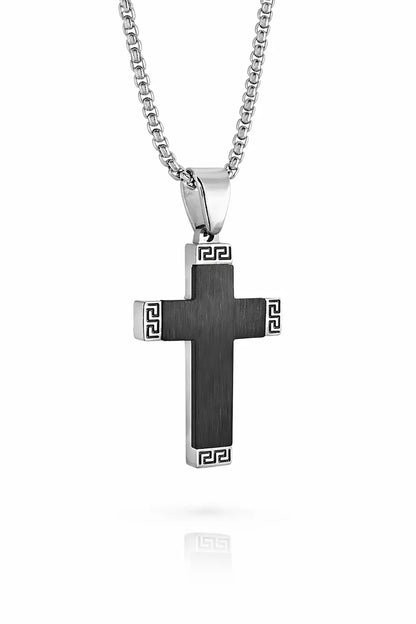 Greek Edge Jesus Cross Necklace | 22” Stainless Steel Christian Pendant Gospel Selections