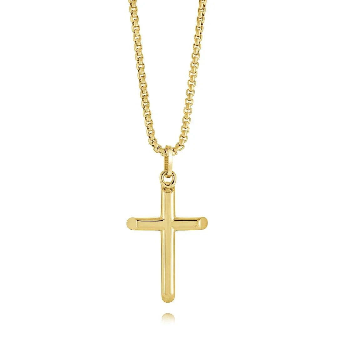 Men’s premium stainless steel cross necklace with polished 14K gold plated finish, minimalist faith jewelry, Christian Jewelry Canada