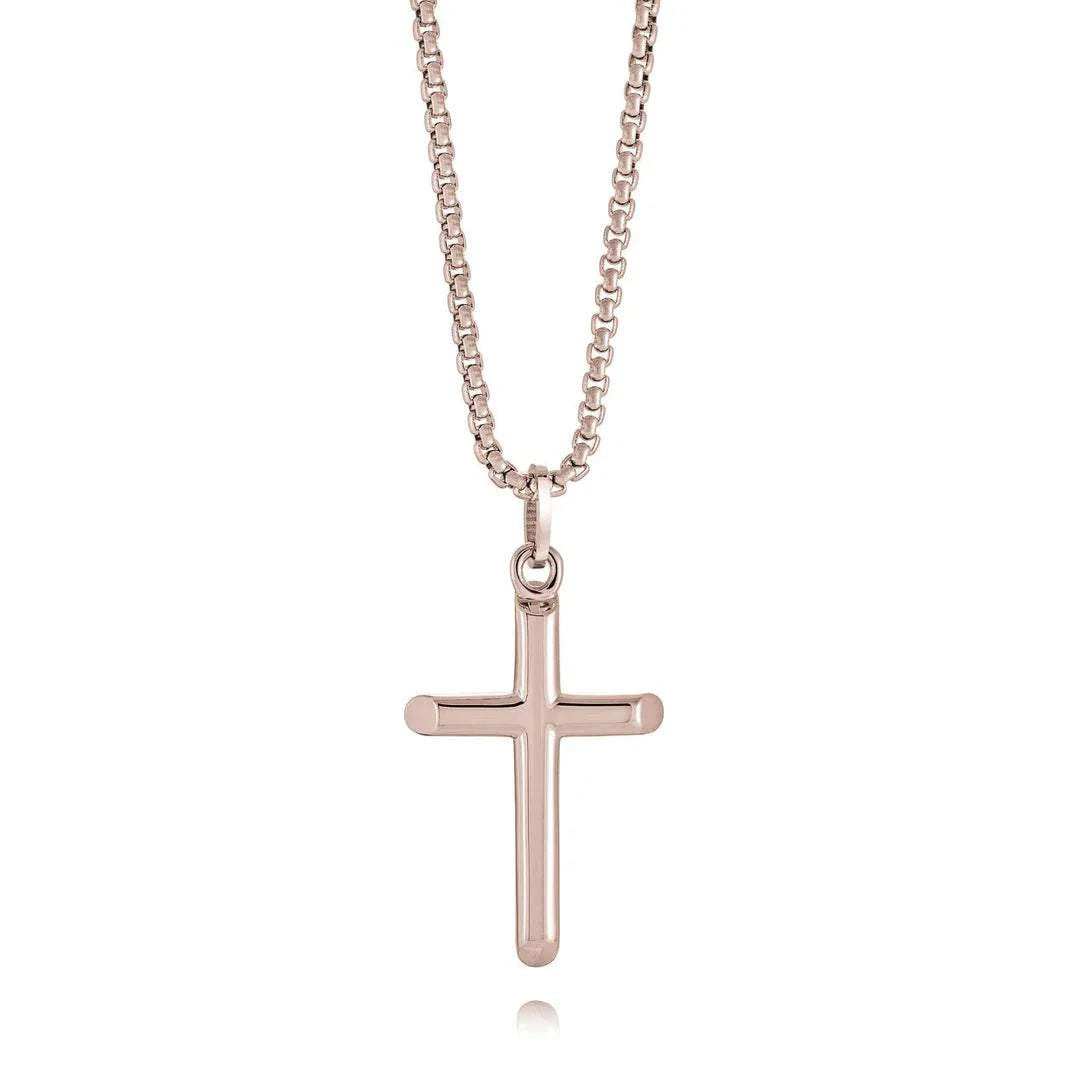 Men’s premium stainless steel cross necklace with rose gold finish, elegant Christian jewelry gift