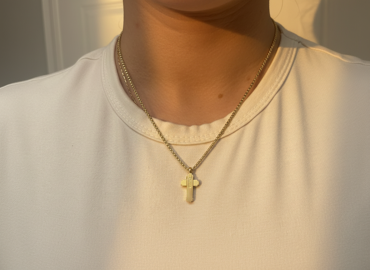 Women’s stainless steel cross necklace with 14K gold plated finish chain, Christian jewelry Canada